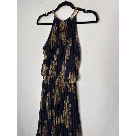 VTG Cache Maxi Dress Halter Blue Gold Foil Floral Printed Pleats Formal Gown 2 - Picture 4 of 9